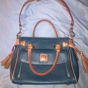 Dooney & Bourke Teal Pebble Leather Satchel with Tan Trim
